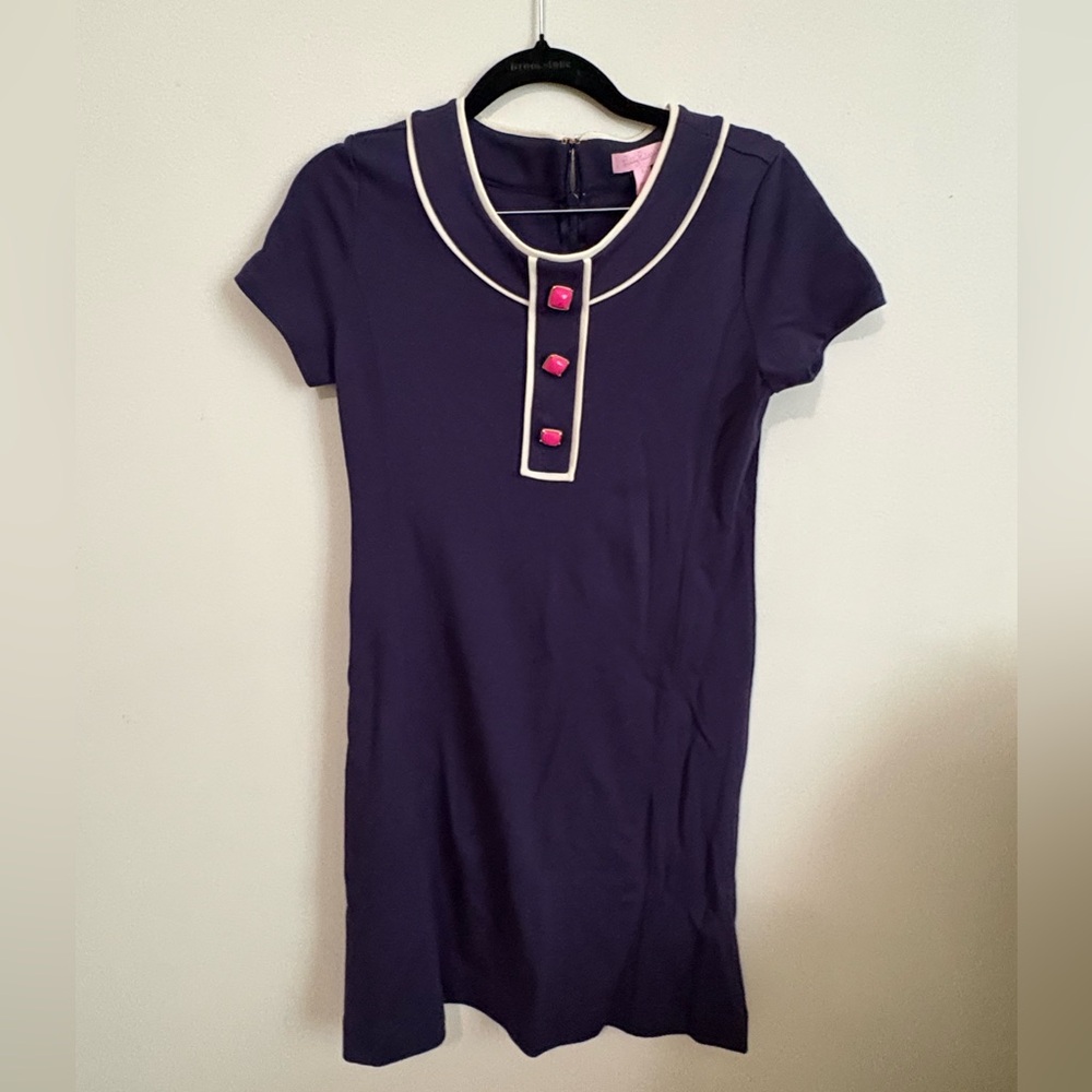Lily Pulitzer Easter Navy Short Sleeve Shift Dress with Pink Buttons
